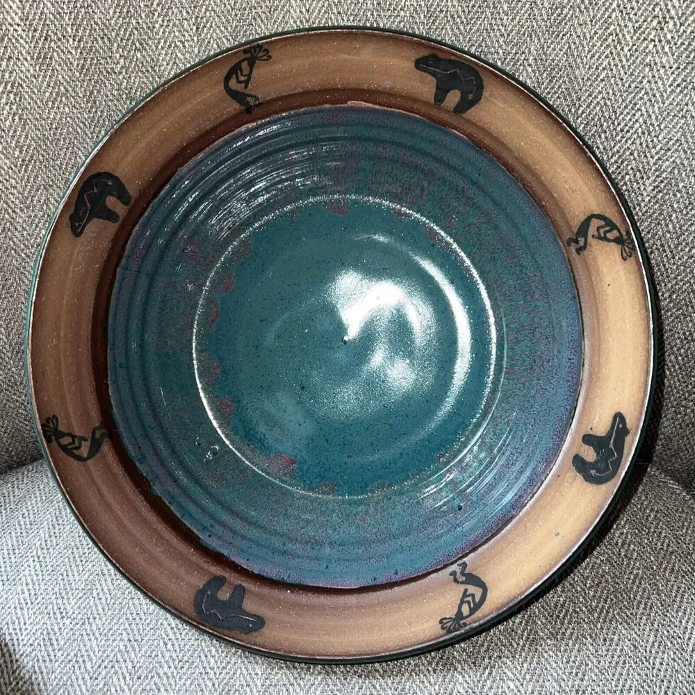 Vintage A&A Art Pottery Centerpiece Bowl Teal Blue Aztec Design Bear RARE